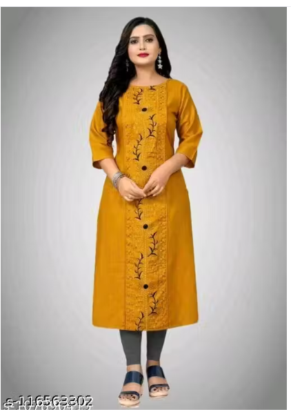 Women Embroidered Cotton Blend A-line Yellow Kurta Three-Quarter Sleeves Plus Size Kurta