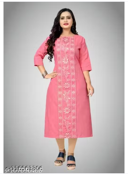 Women Embroidered Cotton Blend A-line Pink Kurta Three-Quarter Sleeves Plus Size Kurta